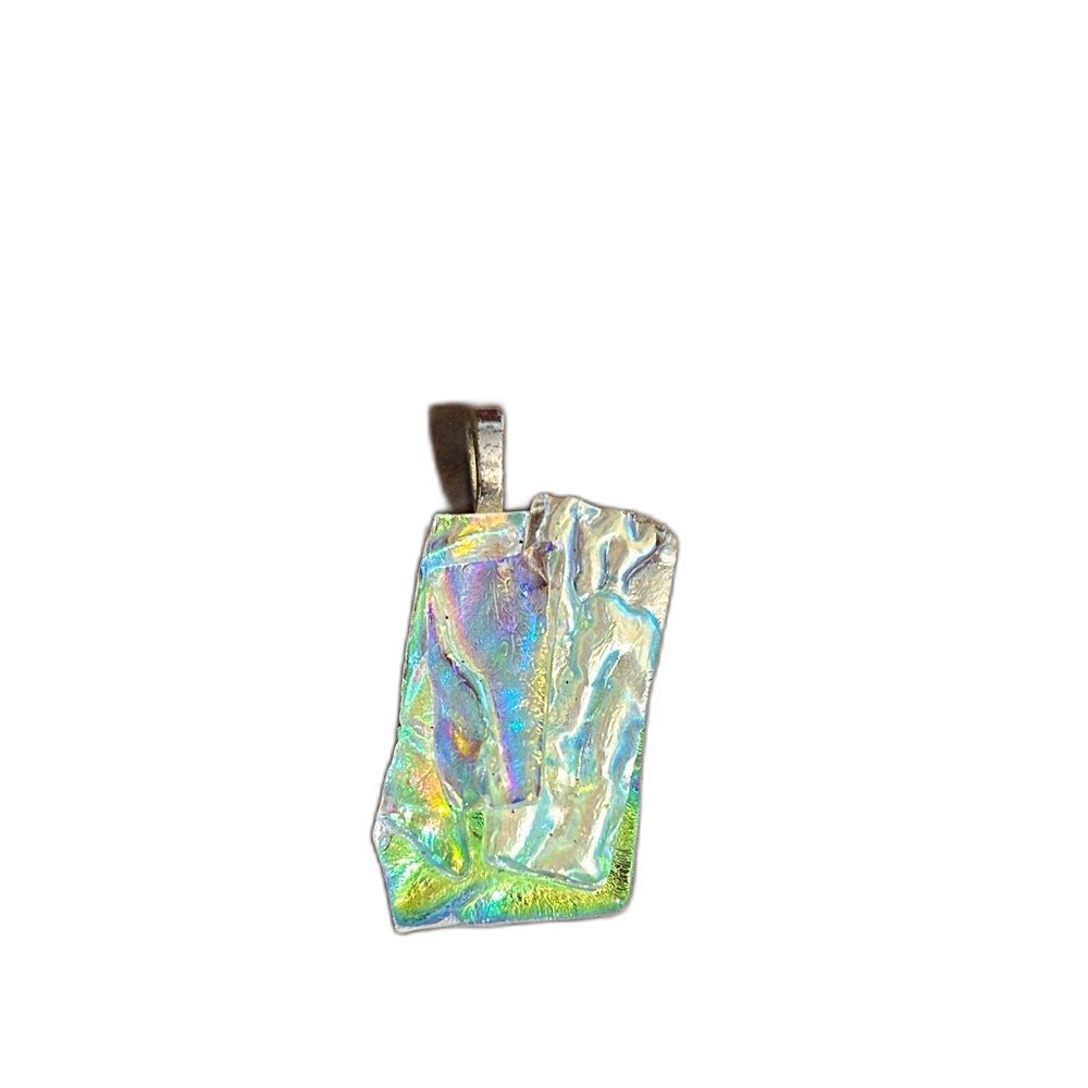 Iridescent Dichroic Glass Silver Pendant Textured Shimmer Necklace Vintage Boho